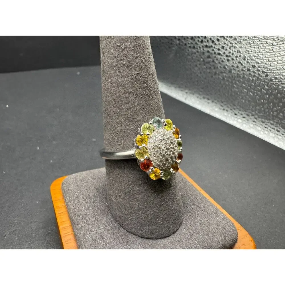 Vtg 925 Sterling Silver Multi Gemstone Cluster Ring Halo Flower Colorful Sz 9.75